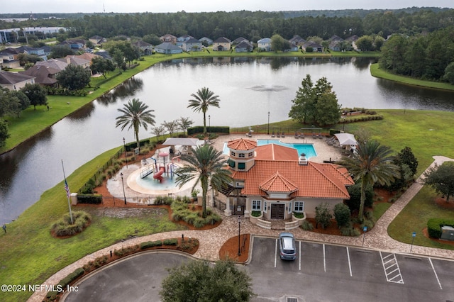 drone / aerial view with a water view