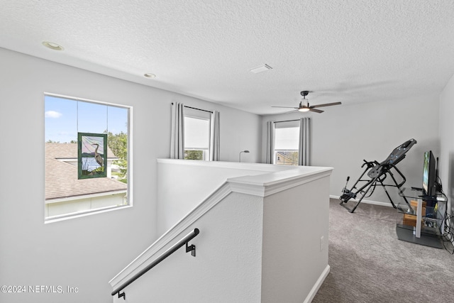 hallway featuring a healthy amount of sunlight, carpet flooring, and a textured ceiling