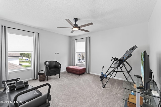 workout area with a healthy amount of sunlight, light colored carpet, a textured ceiling, and ceiling fan