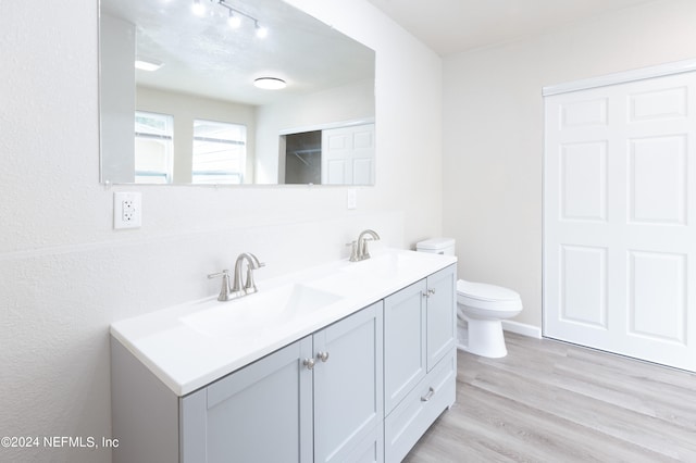 bathroom with wood-type flooring, vanity, toilet, and rail lighting