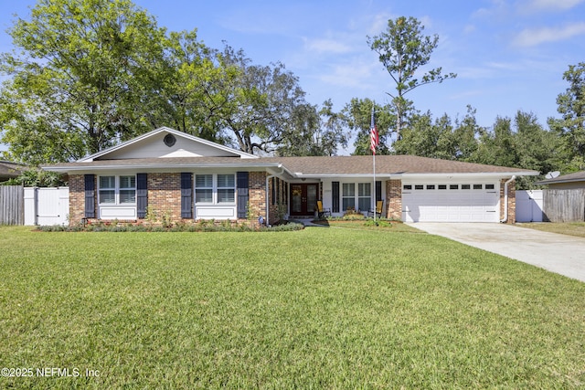 single story home featuring a front yard and a garage