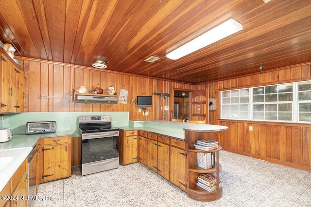 kitchen featuring wood walls, stainless steel range with electric cooktop, wooden ceiling, range hood, and kitchen peninsula