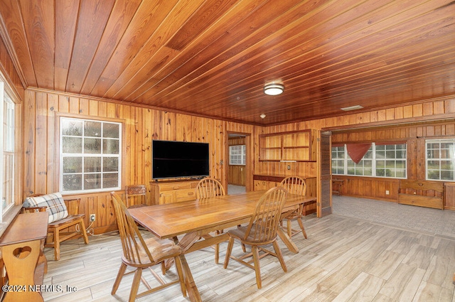 dining area featuring a healthy amount of sunlight and wood walls