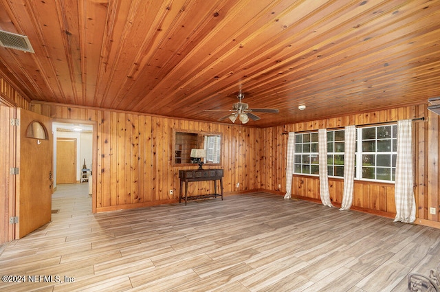 unfurnished living room featuring wood ceiling, light hardwood / wood-style flooring, wooden walls, and ceiling fan