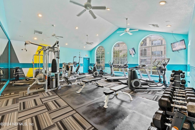 workout area with a textured ceiling and vaulted ceiling