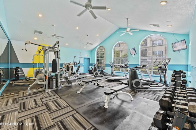exercise room with carpet floors, a ceiling fan, visible vents, and recessed lighting