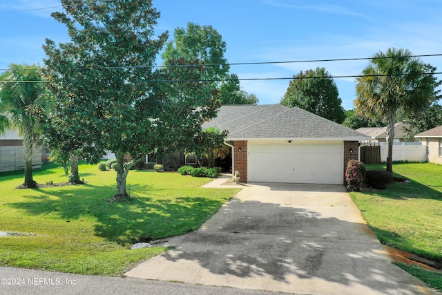 view of front of home with a front yard and a garage