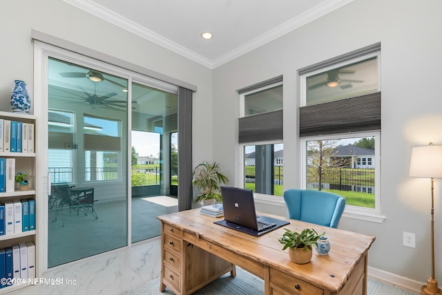 home office with ceiling fan and ornamental molding