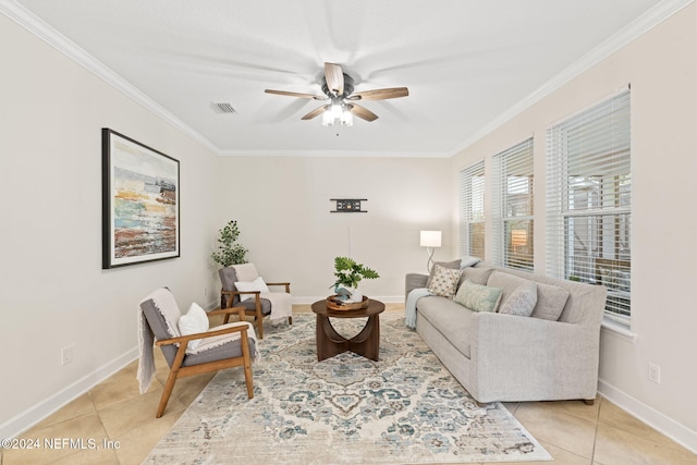 tiled living room with crown molding and ceiling fan