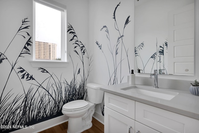 bathroom with hardwood / wood-style floors, vanity, and toilet