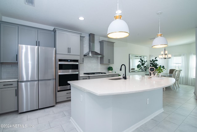 kitchen featuring pendant lighting, sink, an island with sink, wall chimney range hood, and stainless steel appliances