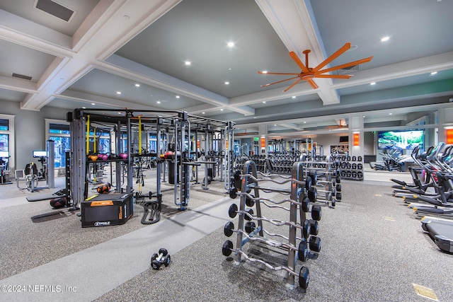 exercise room with coffered ceiling