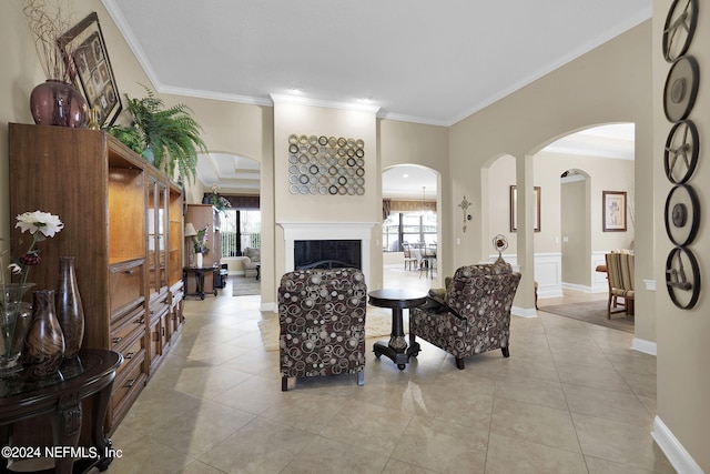 tiled living room with crown molding