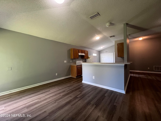 kitchen featuring a textured ceiling, vaulted ceiling, kitchen peninsula, and dark hardwood / wood-style floors