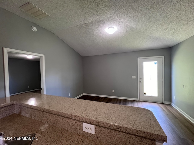 interior space featuring lofted ceiling, a textured ceiling, and dark hardwood / wood-style flooring