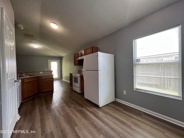 kitchen with a textured ceiling, dark wood-type flooring, plenty of natural light, and white appliances