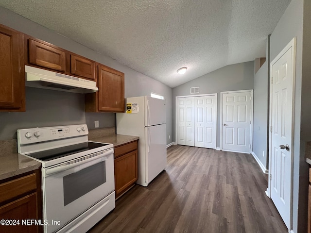 kitchen featuring lofted ceiling, dark wood-type flooring, a textured ceiling, and white appliances