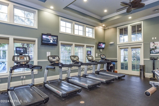 exercise room with ceiling fan, a raised ceiling, a towering ceiling, and ornamental molding