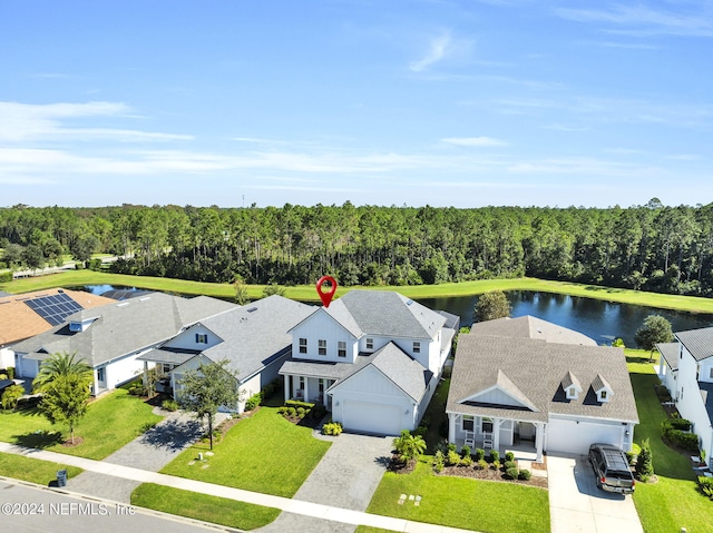 drone / aerial view featuring a water view