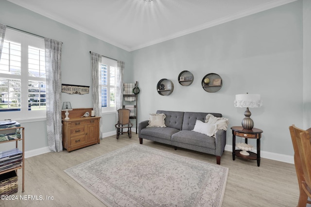 living room featuring light wood-type flooring and crown molding