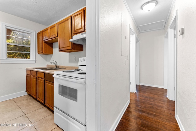 kitchen with sink, a textured ceiling, light hardwood / wood-style flooring, range hood, and white range with electric stovetop