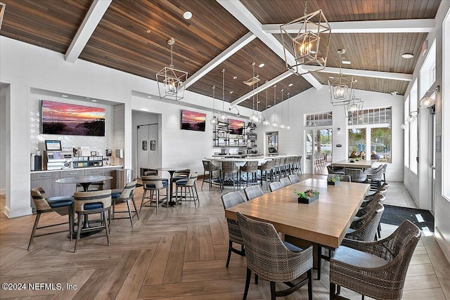 dining room with parquet floors, wood ceiling, beamed ceiling, and high vaulted ceiling