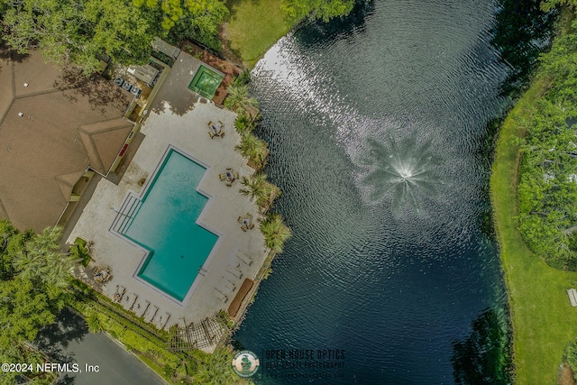 drone / aerial view featuring a water view