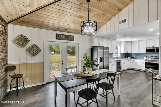 dining area featuring dark hardwood / wood-style floors, vaulted ceiling, wooden walls, wooden ceiling, and french doors