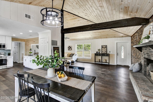 dining room featuring vaulted ceiling with beams, wooden walls, dark wood-type flooring, wooden ceiling, and a fireplace