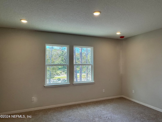 carpeted empty room with a textured ceiling