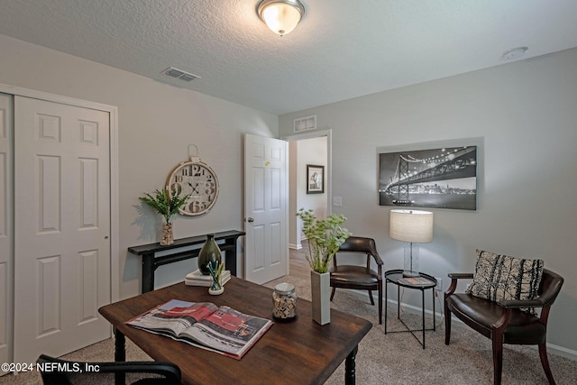 office area featuring light carpet and a textured ceiling