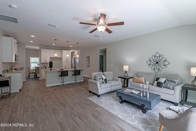 living room with wood-type flooring, ceiling fan, and a textured ceiling