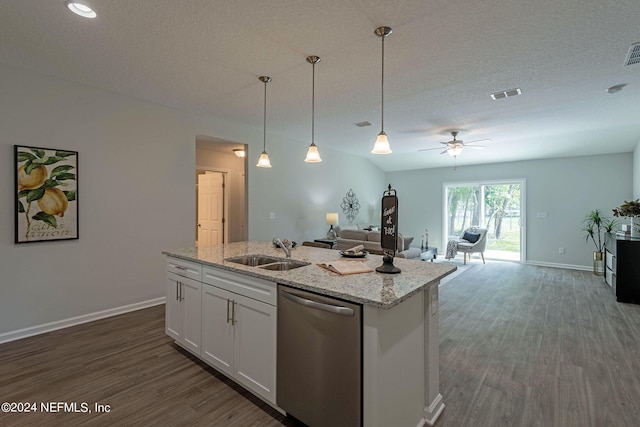 kitchen featuring white cabinetry, decorative light fixtures, stainless steel dishwasher, dark hardwood / wood-style floors, and sink