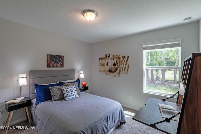 carpeted bedroom with a textured ceiling