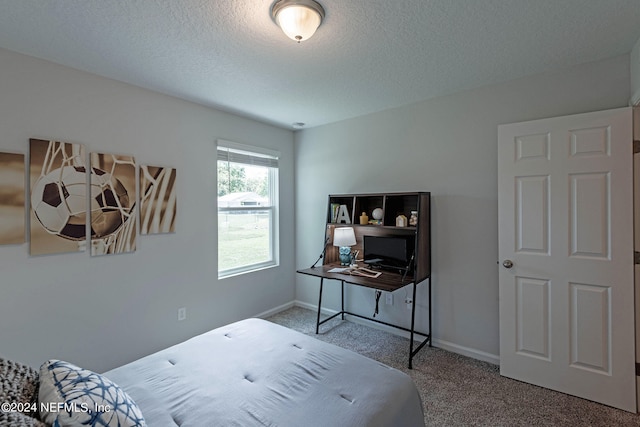 bedroom featuring carpet and a textured ceiling