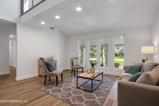 living room with high vaulted ceiling, hardwood / wood-style floors, and a textured ceiling