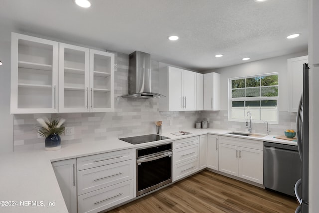 kitchen with stainless steel appliances, white cabinetry, dark hardwood / wood-style flooring, sink, and wall chimney exhaust hood