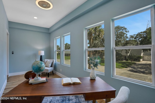 living area featuring a wealth of natural light and hardwood / wood-style floors