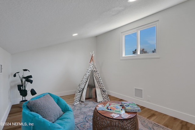 rec room with wood-type flooring and a textured ceiling