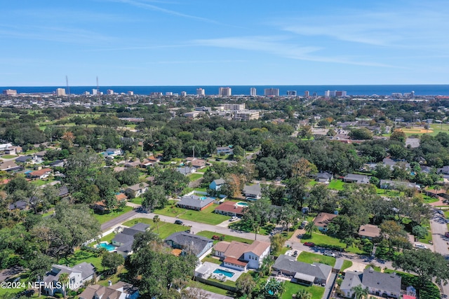 aerial view featuring a water view