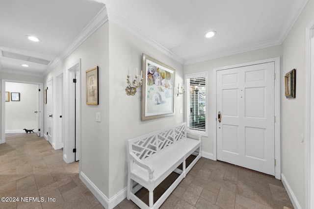 interior space with visible vents, baseboards, ornamental molding, stone tile floors, and recessed lighting