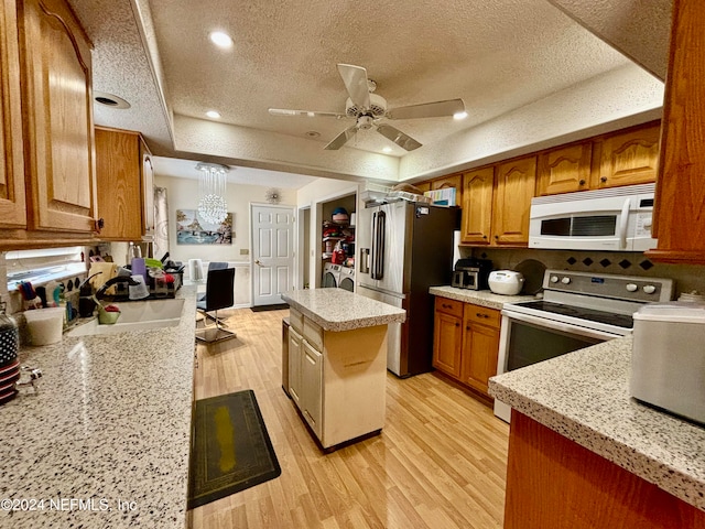 kitchen with appliances with stainless steel finishes, a raised ceiling, and light hardwood / wood-style flooring