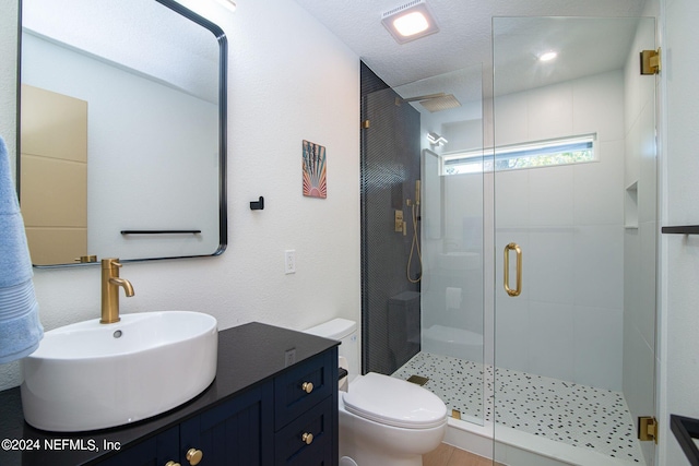 bathroom featuring vanity, a shower with door, a textured ceiling, and toilet