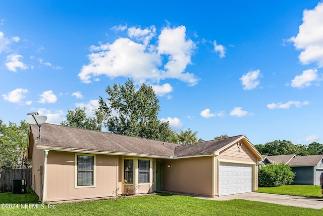 ranch-style home featuring a garage, central AC unit, and a front lawn