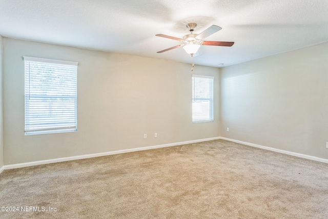 carpeted spare room with ceiling fan, a textured ceiling, and a wealth of natural light