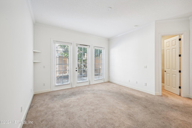 spare room with crown molding and light colored carpet