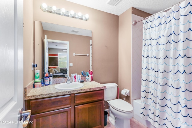 full bathroom with vanity, toilet, a textured ceiling, and shower / tub combo with curtain