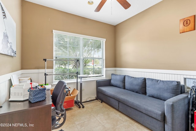 office area featuring ceiling fan and light tile patterned floors