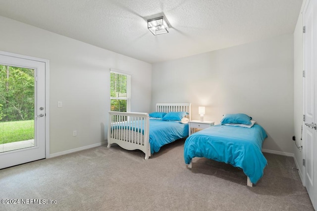 bedroom with light colored carpet, a textured ceiling, and access to exterior