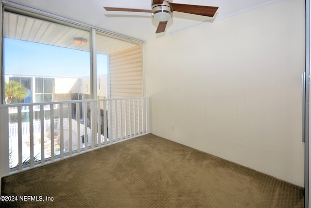 empty room featuring carpet floors, a wall of windows, and crown molding